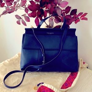 Tory Burch Navy/Apple Red T satchel, cross body bag without tag, like new